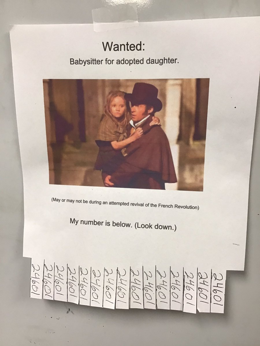 PTMSTheatre's tweet photo. Found in my classroom today. Anyone looking for some part time work? Just call #24601 #LesMiserables #theatreeducation #yougotjokes https://t.co/aZ1Mesk5fJ