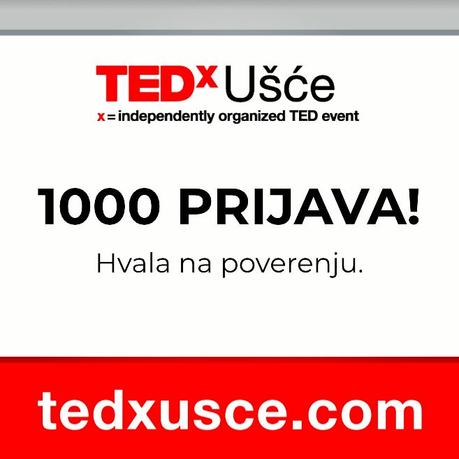 TEDxUsce's tweet photo. Za lično prisustvo na TEDxUšće konferenciji se prijavilo blizu 1000 ljudi. Dva dana smo čitali prijave i sa velikom mukom odabrali 100 učesnika.
Svi koji su odabrani će biti obavešteni najkasnije do sutra!

Hvala na ukazanom poverenju! 😊

#TEDxUšće #tedxusce2019 https://t.co/o7BcLrjb7V