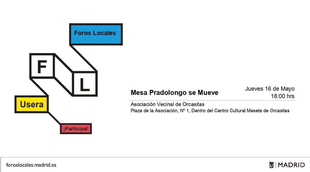 Próxima reunión de la Mesa Pradolongo se Mueve del Foro Local de Usera
Jueves 16 de mayo, a las 18:00, en la Asociación Vecinal de Orcasitas
¡Estás invitad@, únete y participa! #SePradolongo
<a href="/PradolongoSM/">Pradolongo se Mueve</a> <a href="/jmd_usera/">Distrito Usera</a> <a href="/ForosLocales/">Foros Locales de Madrid</a>