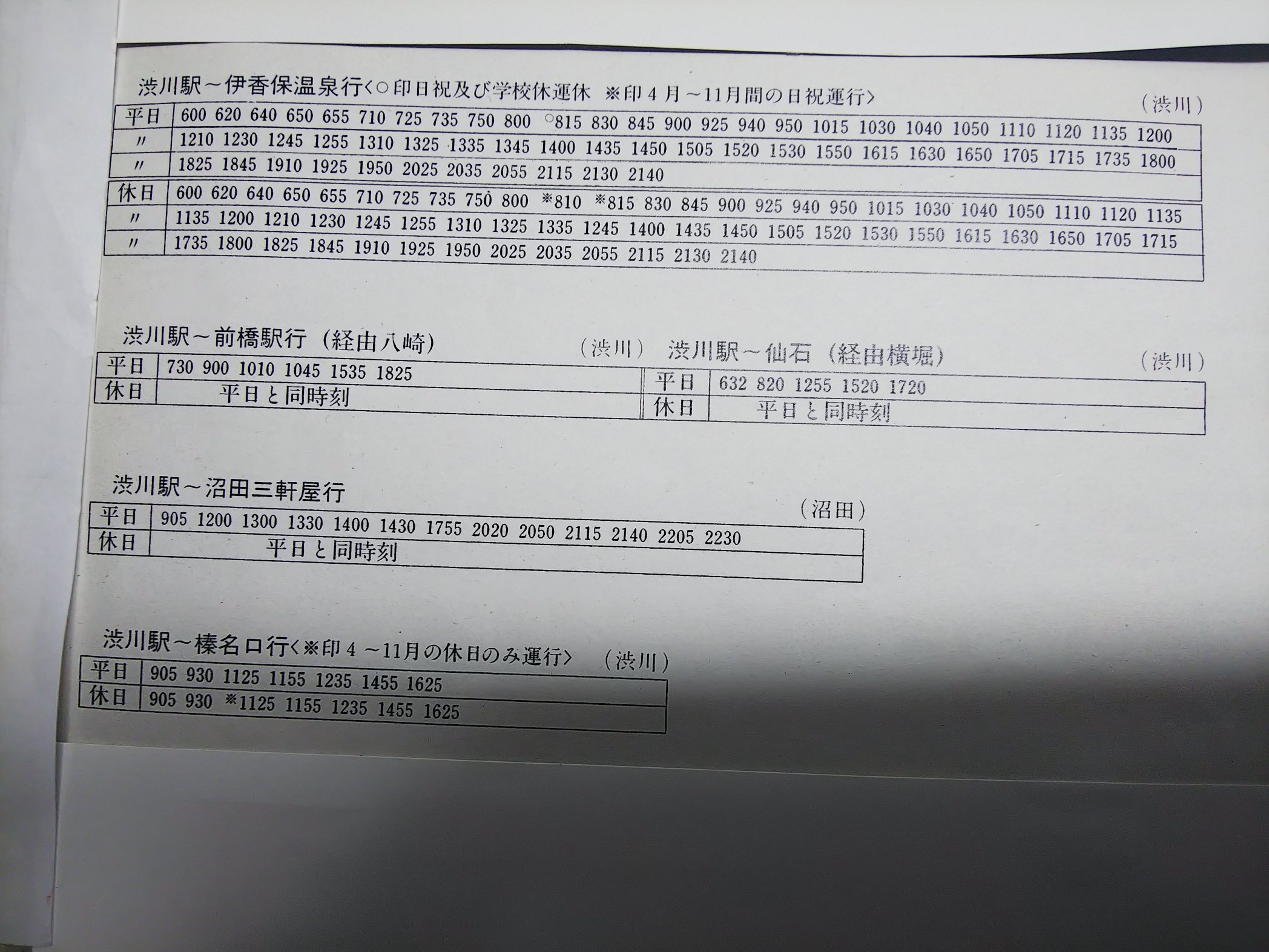 高麗川駅八高線 中之条駅 四万温泉線だけが東武時代をほぼ維持出来ているのは 人気の有名温泉地で観光客の需要があるから 東武バス 関越交通 東武時刻表1980 左上 渋川駅 四万温泉 他 右上 沢渡温泉 他 左下 赤坂 他 右下