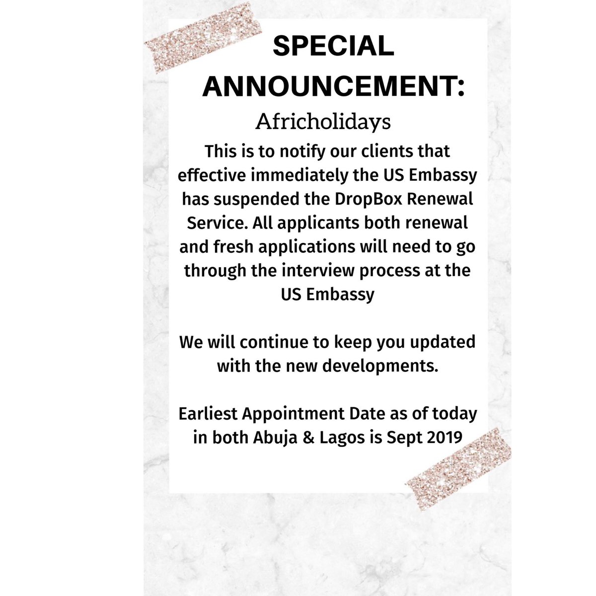 Uthande's tweet photo. Breaking News: US EMBASSY SUSPENDS DROPBOX VISA RENEWAL. https://t.co/Hx0hbrW4I6