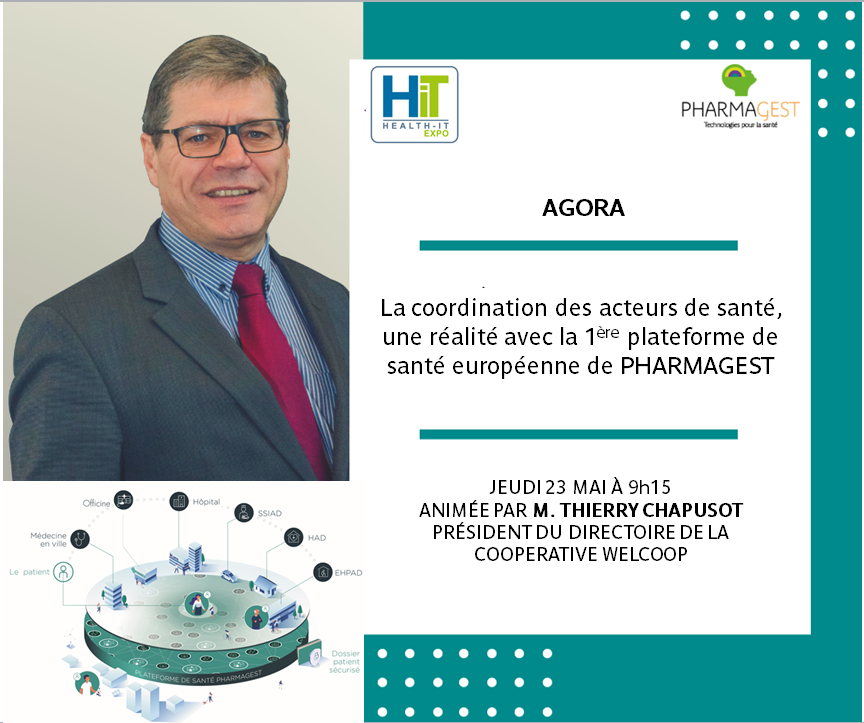 Pharmagest's tweet photo. [#PHW19 #Agora] J-7 ! Ne manquez pas le 23 Mai 2019 à 9h15, l’intervention de Thierry Chapusot au Salon HIT à Paris sur « La coordination des acteurs de santé, une réalité avec la 1ère plateforme de santé européenne de PHARMAGEST » ! https://t.co/RGOl1Wlxjt