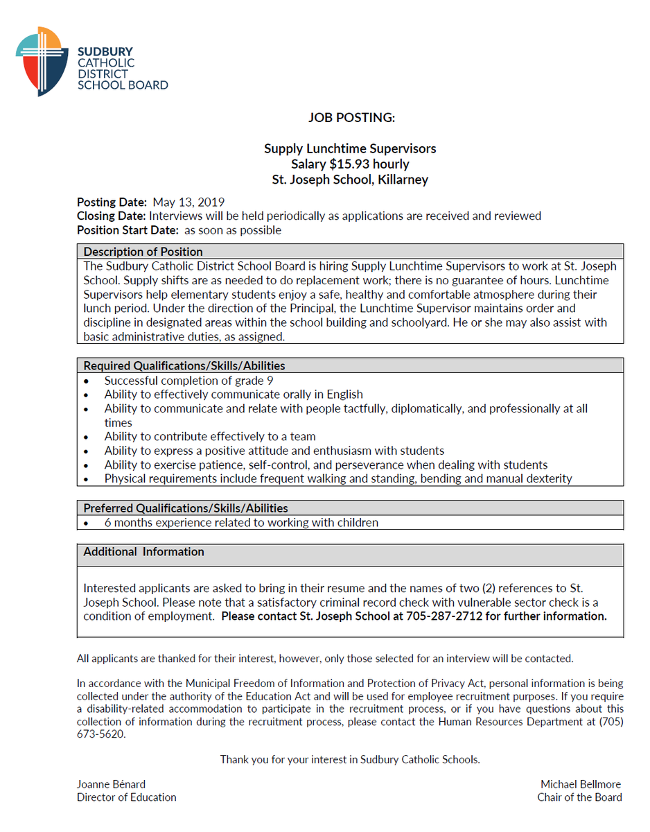 stjosephkillar1's tweet photo. Looking for a back-up lunch supervisor for St. Joseph in Killarney.  Please contact the school or the board if interested. https://t.co/AEve3gjNep