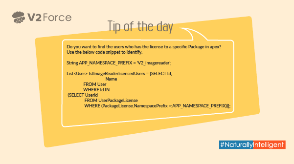 V2ForceCRM's tweet photo. Tip of the day- Now easily identify, who among the users have the license to which specific Package in the apex by using our given code.

#V2Force #NaturallyIntelligent #identify #license #package #apex #code #PackageLicense #user #Tipoftheday #tuesdaytips #specific #users https://t.co/3JMna8O8xn