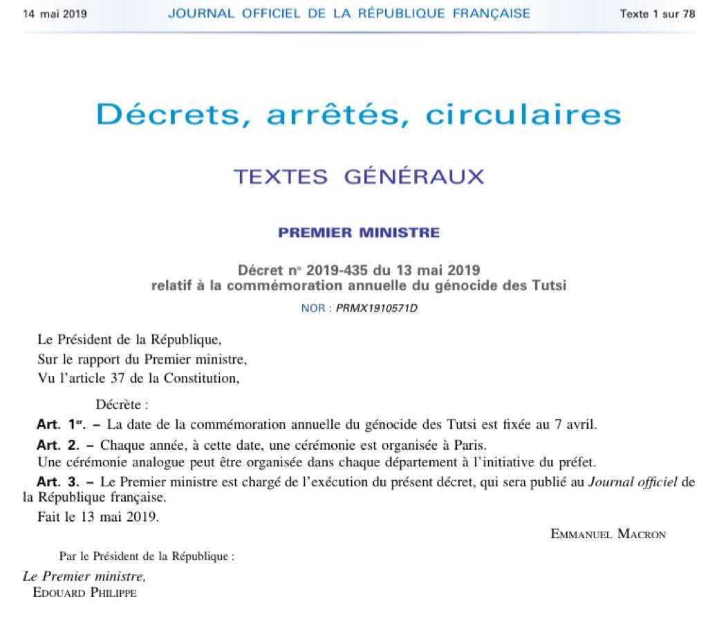 #France #Kwibuka25 Le Decret consacrant la Journee du 7 Avril, au génocide contre les Tutsi, publié au Journal officiel. Une acte de solidarité aux victimes Tutsi et un courage politique louable. @UrugwiroVillage @RwandaMFA @RwandainFrance