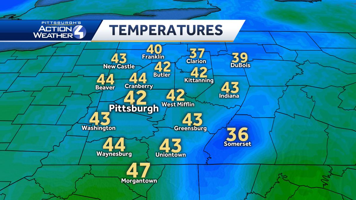 AshleyD_WTAE's tweet photo. It is another chilly start for you and staying cool through the day with day time highs only in the mid 50s! Breezy with spotty showers too. #bundleup #fallorspring? #pittsburgh #pawx #weather #forecast https://t.co/xWcE2yC29B