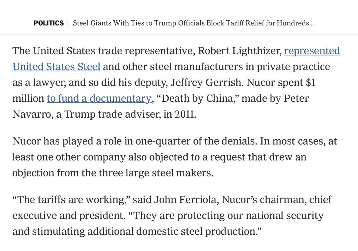It’s obvious,  @SenTomCotton, that the steel industry is writing the rules and making the rest of the nation pay for their profits. You guys with your corruption make Teapot Dome look like a walk in the park. Nucor, too, is in eastern Arkansas. https://www.nytimes.com/2018/08/05/us/politics/nucor-us-steel-tariff-exemptions.html