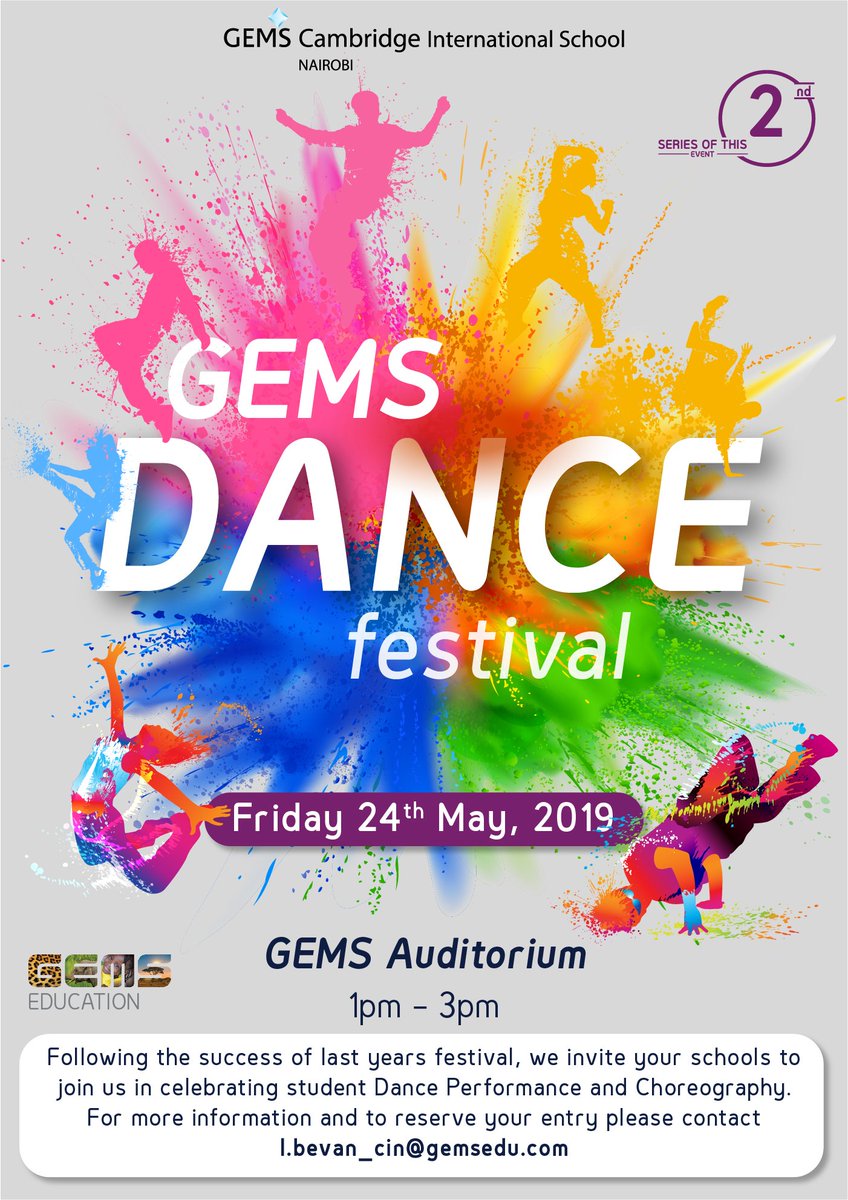 gemscin's tweet photo. GEMS DANCE FESTIVAL 2019
10 Day Countdown… are you ready for an afternoon packed with Dance Choreography and Performance?! 
GEMS students as well as visiting schools and projects from across Kenya will be performing. Bring your friends and family. A festival not to be missed! https://t.co/kGhzpxJ749