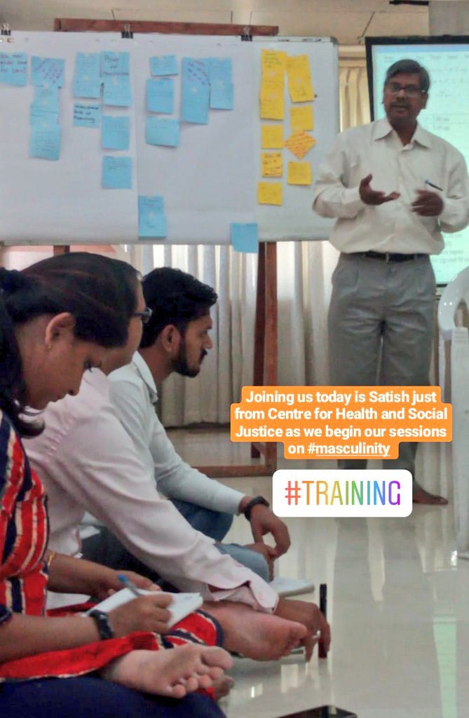 ecfindia's tweet photo. Satish ji from Centre for Health and Social Justice begins his sessions on #masculinity with the ECF team sharing #gender norms they are trying to break in their personal lives. And now we're talking about male and female privileges and restrictions.

#Training #GenderEquality https://t.co/qBsXXSrnlg