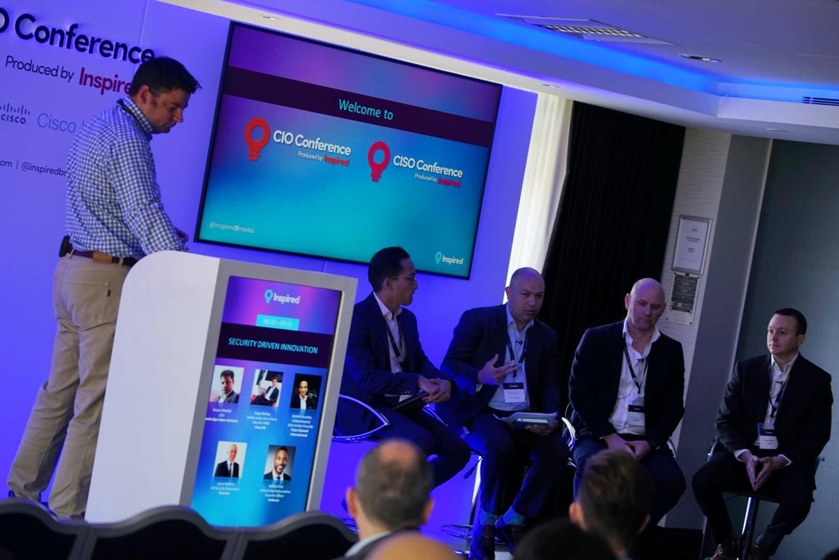 cisoinspired's tweet photo. A brilliant way to open our conference with the opening panel discussion of "Security Driven Innovation". Moderated by Brian Littlefair and joined by Paul D'Cruz, Asish Shrestha, Richard Brinson &amp; Jason Walton. #InspiredBmedia #CISO #CyberSecurity #CISOinspired https://t.co/WN0k0XRVR5