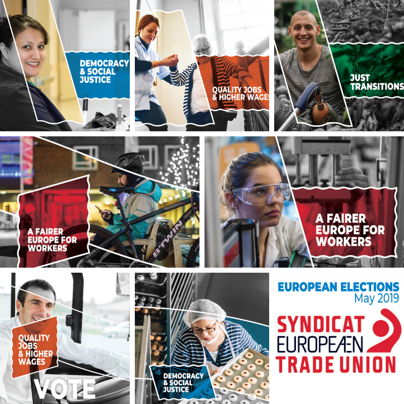 etuc_ces's tweet photo. #EUelections2019 European trade union movement calls to vote, and to #vote for democracy and social justice, quality jobs, higher wages and just transitions  ➡️📥 https://t.co/f8qLvIEy4n 
Read our programme: https://t.co/OGJ3Sf05g4 https://t.co/Q7Qx5WdYcZ
