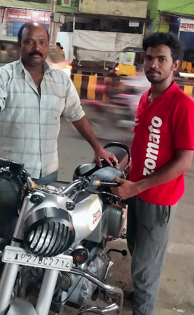 Deepinder Goyal (@deepigoyal) on Twitter photo Tharun from our Vizag delivery team is 21 and one of the best performers in the city. He recently fulfilled a long-cherished dream of gifting his dad a Royal Enfield Bullet. 🚲
We are glad Zomato is a part of such inspirational success stories. 😇 Tharun from our Vizag delivery team is 21 and one of the best performers in the city. He recently fulfilled a long-cherished dream of gifting his dad a Royal Enfield Bullet. 🚲
We are glad Zomato is a part of such inspirational success stories. 😇