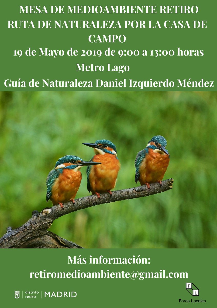 🌳<a href="/ForosLocales/">Foros Locales de Madrid</a> de #Retiro invita este domingo, a realizar una excursión gratuita familiar por la Casa de Campo. Comenzará a las 9 en la salida Metro de Lago.
😎Se recomienda: gorra, gafas de sol, crema solar, agua, algo de comer, prismáticos, cámara de fotos y libreta☝️🌿