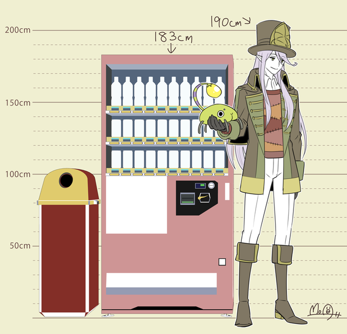 【メギド】サタナキアさん(190cm)と一般的な自販機(183cm)を並べるとこれぐらい。自販機の上面が見えそう。 