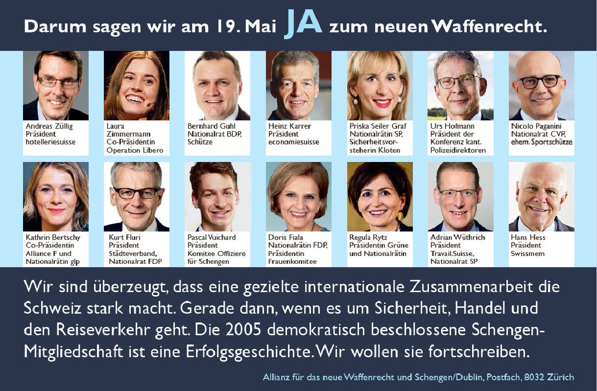 Eine enorm breite Allianz setzt sich für ein JA zum #Waffenrecht und zu #Schengen ein. Für eine starke, offene, sichere Schweiz! #abst19 <a href="/hs_politik/">HotellerieSuisse</a> <a href="/operationlibero/">Operation Libero</a> <a href="/economiesuisse/">economiesuisse</a> <a href="/FDP_Liberalen/">FDP Schweiz</a> <a href="/spschweiz/">SP Schweiz</a> @CVP_PDC <a href="/BDPSchweiz/">BDP Schweiz</a> <a href="/grunliberale/">Grünliberale Schweiz</a> <a href="/GrueneCH/">GRÜNE Schweiz</a> <a href="/swissmem/">Swissmem</a> <a href="/staedteverband/">Städteverband / Union des villes suisses</a>