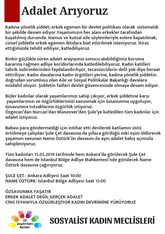 SosyalistKadin's tweet photo. Kadına yönelik şiddet erkek egemen devlet tarafından meşrulaştırılıyor. Biz kadınlar fiili meşru mücadele hakkımızla adalet arıyoruz.
#Namme için, #Şule için, Aylin için, Nevin için.. Katledilen ve yaşam hakkını özsavunmayla alan tüm kadın kadınlar için #KadınAdaleti istiyoruz! https://t.co/oRbrwyoe1k