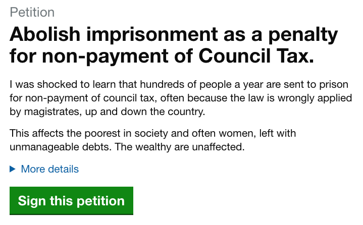 crimlawuk's tweet photo. LIVE UPDATE - COUNCIL TAX PRISON ABOLITION PETITION IS LIVE

After a month of waiting, my petition, seeking the abolition of prison for council tax arrears, is now LIVE. This cruel law has already been scrapped in Scotland, Wales and NI.

Please sign / RT- https://t.co/172KDlvWHx https://t.co/bpuLJ7C2at