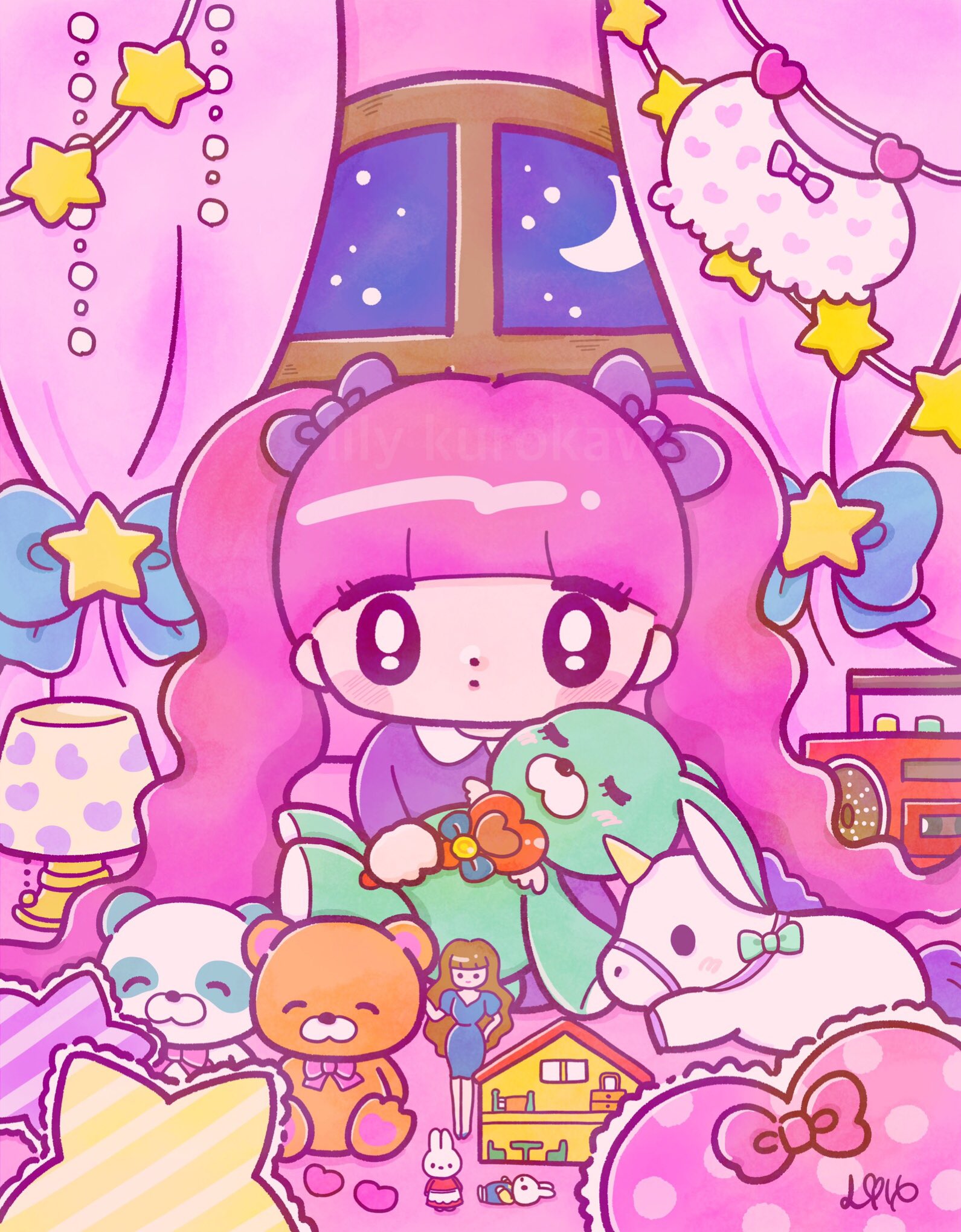 黒川リリー イラストレーター パズル誌 児童書 教材 5日に終了した どきどき乙女ちゃんず での展示作品をご紹介 おともだち 自分のすきなもので周りを固めた ファンシーなひきこもりです 今回の展示で一番大きいメイン作品でした