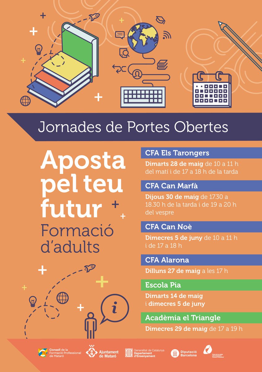 EducacioMataro's tweet photo. [ NOTÍCIA ] Portal https://t.co/IK9c1a66Co  
Jornades de portes obertes al centres de formació d’adults amb formació reglada de Mataró
https://t.co/XKDraX84cQ
#Tarongers
#CanNoe
@CfaAlarona 
#CanMarfa
@escolapiamataro 
#ElTriangle https://t.co/MXNzSsur6E