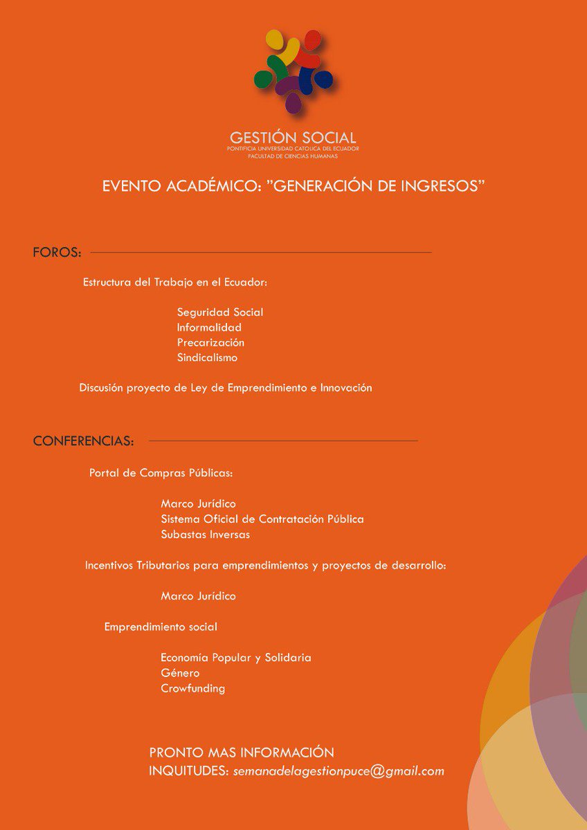 Cronograma actividades y ponentes de la semana de #GestionSocial #PUCE #GeneraciondeIngresos