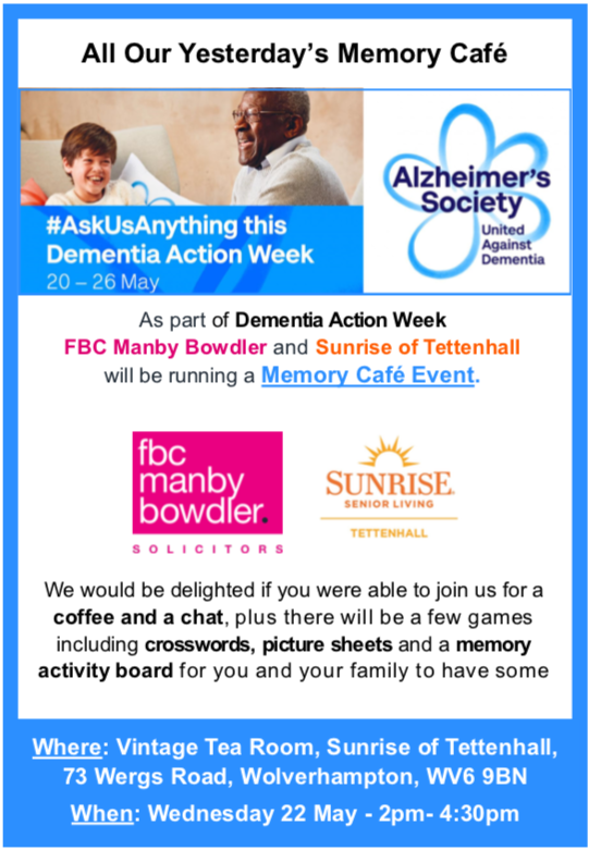 FBCManbyBowdler's tweet photo. As part of #DAW2019 we'd be delighted if you would join us @SunriseSrUK Tettenhall on Wednesday May 22 for the All Our Yesterday's Memory Cafe. 
Look forward to seeing you there 
#unitedagainstdementia https://t.co/MoJMg2RO2G
