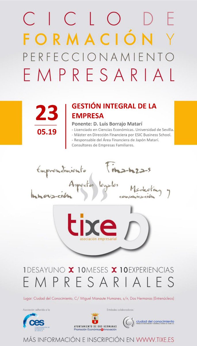 Tixe, Asoc. Empres. (@tixeae) on Twitter photo El jueves día 23 vuelve el Desayuno Empresarial de <a href="/TixeAE/">Tixe, Asoc. Empres.</a>
D. Luis Borrajo Matarí de <a href="/japonmatari/">Japón Matarí</a> dará una ponencia sobre “Gestión Integral de la Empresa”
🕑 8:30 horas
🏢 Ciudad del Conocimiento
#JuntosSumamos #TixeEsLaVozDelEmpresario El jueves día 23 vuelve el Desayuno Empresarial de <a href="/TixeAE/">Tixe, Asoc. Empres.</a>
D. Luis Borrajo Matarí de <a href="/japonmatari/">Japón Matarí</a> dará una ponencia sobre “Gestión Integral de la Empresa”
🕑 8:30 horas
🏢 Ciudad del Conocimiento
#JuntosSumamos #TixeEsLaVozDelEmpresario