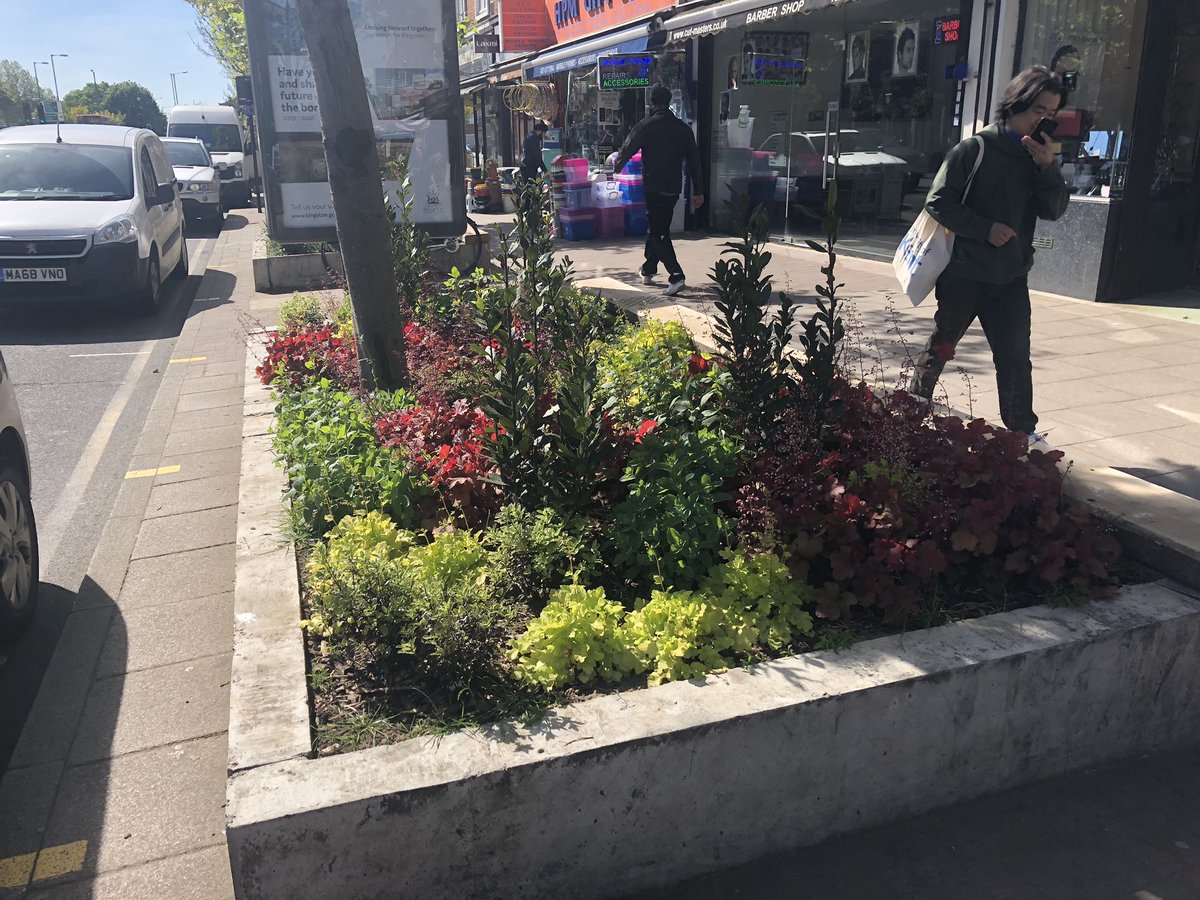 communitybrain's tweet photo. The planters on Tolworth Broadway are looking amazing in the sunlight and people really appreciate them #SHEDx #TolworthMatters #GoodGrowth #Broadway @SHEDx_org @RBKingston @LordScroley @MayorofLondon https://t.co/MhTT4uDMfo