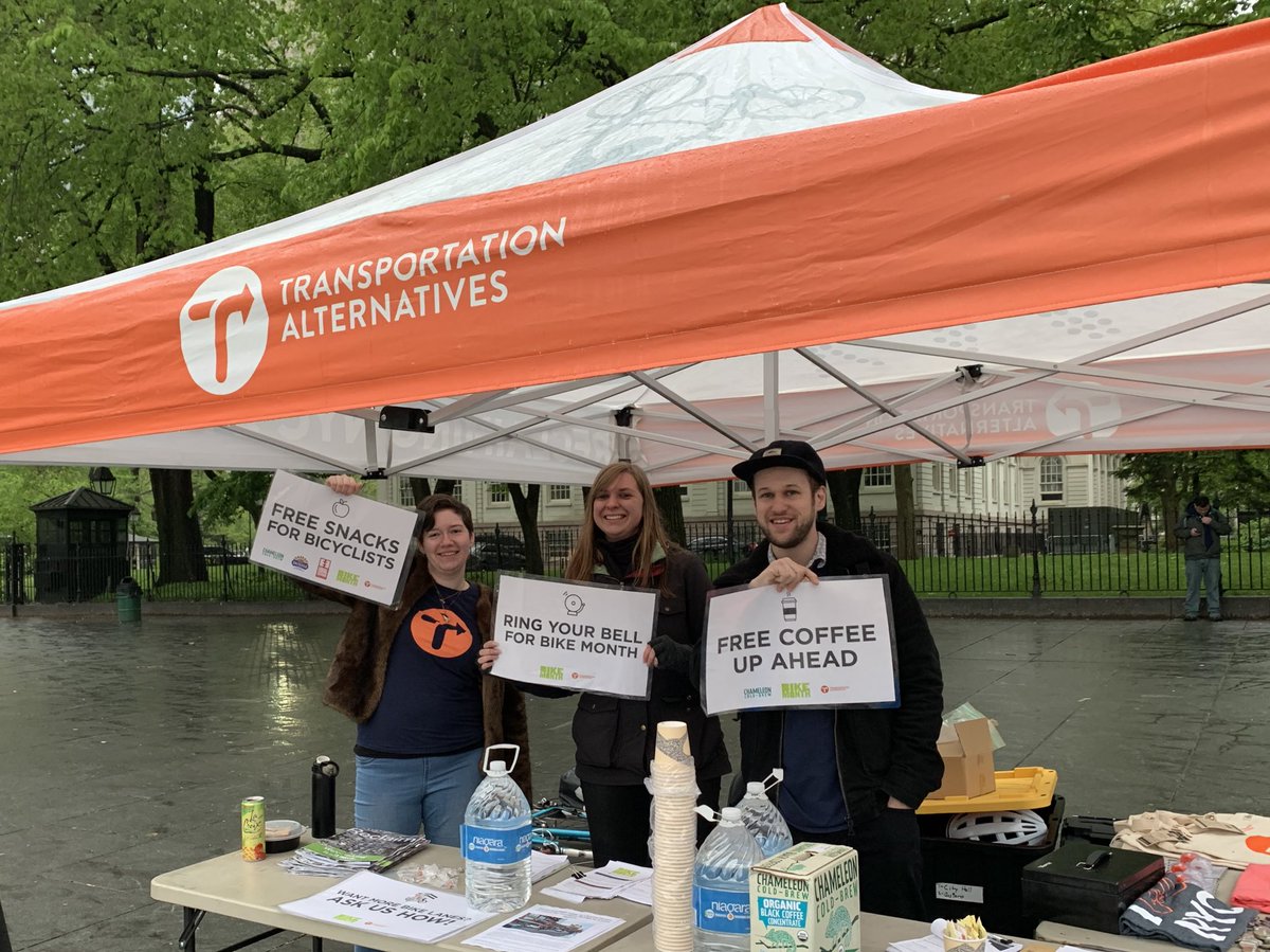 TransAlt's tweet photo. Happy #BikeMonth! We’ve got bike commuter stations set up across the city today and tomorrow. Free @ChameleonCoffee and @doshabar for people on two wheels! https://t.co/MKjgT8urcU