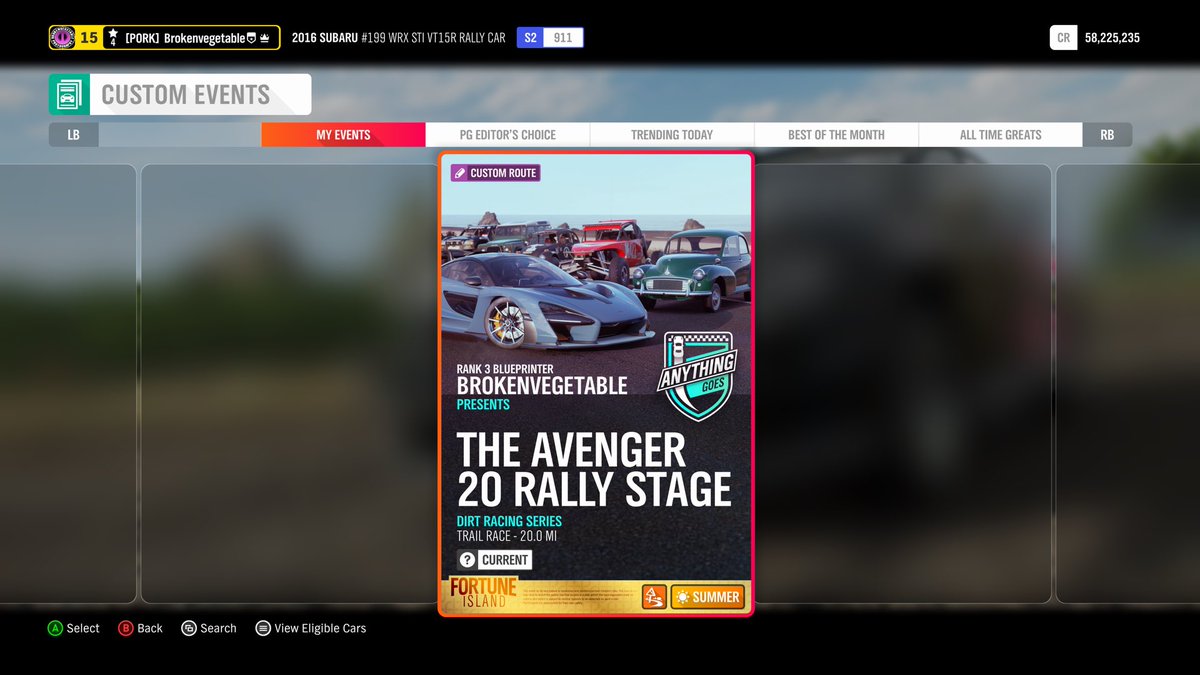 Brokenvegetable's tweet photo. The Avenger 20 Rally Stage

*NEW ROUTE CREATED*
Endurance Route 

Fortune Island is pretty small for a full 40 mile track without re-using roads. Which is why this is only 20 miles. 

#fortuneIsland #ForzaHorizon4  #FH4 #RouteCreator @johniwanna https://t.co/9Ly5Q3SkOh