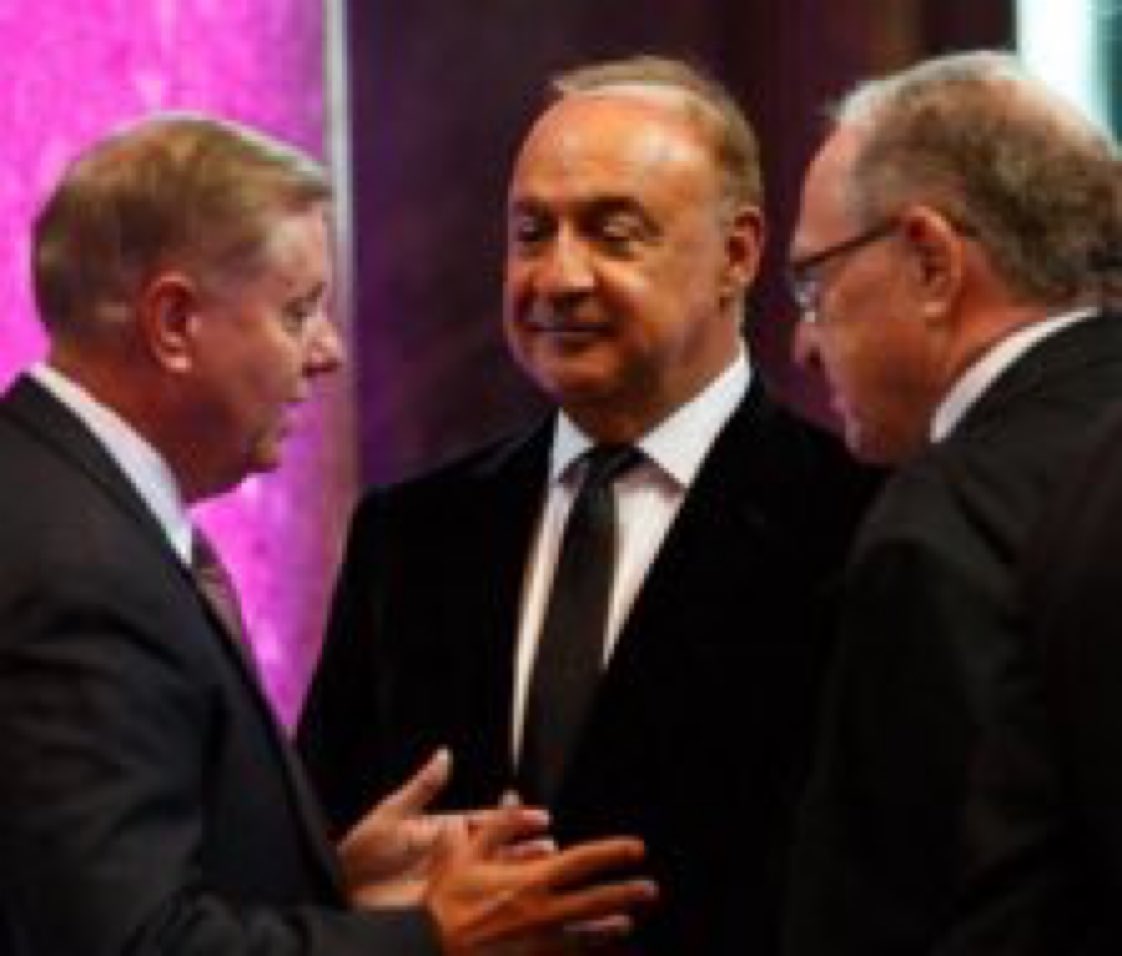 funder's tweet image. Here’s a photo I found of Lindsey Graham &amp;amp; Dershowitz with a billionaire who made his fortune off Russian oil. He gave Graham’s campaign &amp;amp; PAC $870,500. He also gave McConnell’s PAC $3.5M, Rubio’s $1.5M &amp;amp; $1M to Trump’s inaug, which Mueller investigated. #LindseyGrahamResign