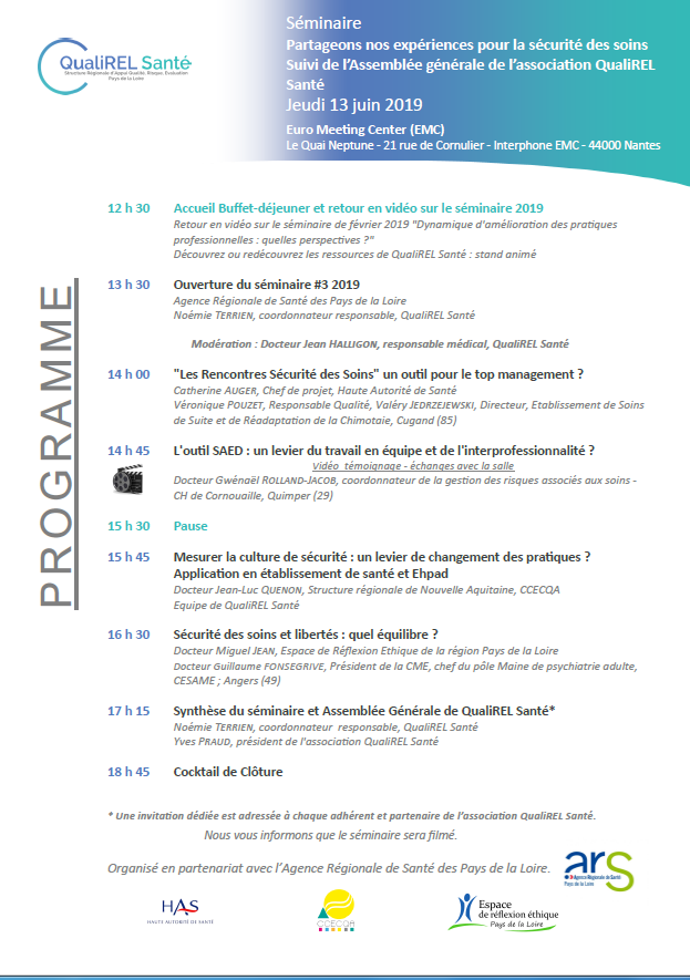QualirelSante's tweet photo. Séminaire "Partageons nos expériences pour la sécurité des soins" le jeudi 13 juin à Nantes en partenariat avec @ars_pdl et la présence de @HAS_sante #CCECQA et @EREPL_Ethique Ce séminaire mettra à l’honneur grands témoins et expériences des établissements ! https://t.co/sLuqLc9Qvx