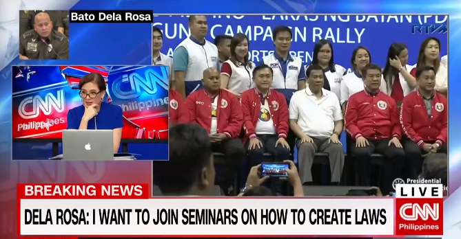 newswatchplusph's tweet photo. Dela Rosa on first move once elected to Senate: Mayro'n bang mga seminar diyan? Training para gumawa ng batas? Kung mayro'n, I will take that opportunity | #TheFilipinoVotes LIVE https://t.co/LXzj85Ce2G https://t.co/NrhN3wQauO