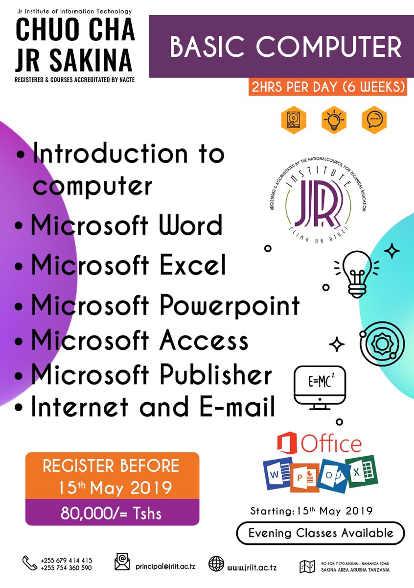 JriitTechnology's tweet photo. Jiunge na Kozi ya Basic Computer 💻
Jr Institute of Information Technology Jiunge Sasa .
For More Info: Dial +255 679 414 415 or +255 754 360 590 | email: principal@jriit.ac.tz | website: https://t.co/hMVBLEmXDu  
P.O Box 7170 Arusha-Namanga Road https://t.co/2JtHsStEDi