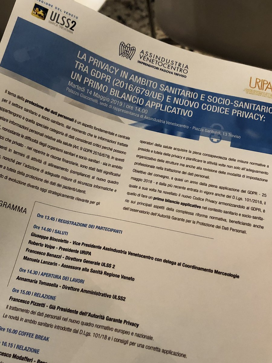 avv_brunazzetto's tweet photo. La privacy in ambito sanitario tra #gdpr e nuovo #codiceprivacy   #treviso https://t.co/rnAsyeSTBY