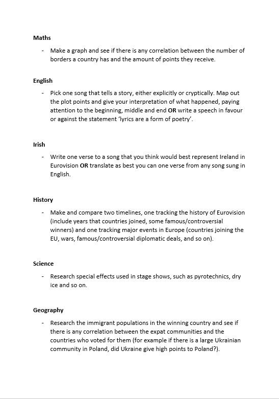 educateie's tweet photo. Most of you will be elbow-deep into revision with your classes by now, but it's still important to have fun in your subject, even when exam tunnel-vision sets in (especially then!). So we've put together a lil EUROVISION #HomeworkInspo for the week that's in it!! #Edchatie https://t.co/A6W9jjppTu