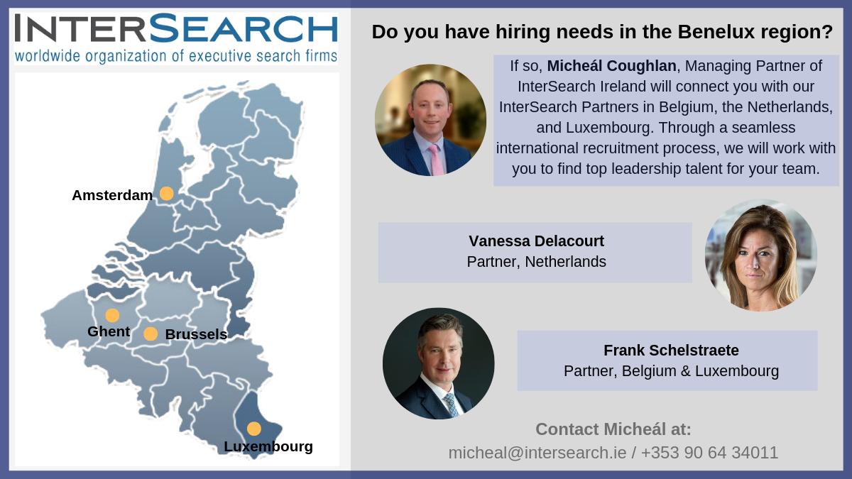 InterSearchIE's tweet image. InterSearch understands that strong leadership teams impact organisational growth. If your leadership recruitment needs are in the Benelux region, get in touch with Micheál Coughlan who can introduce you to our #InterSearch Partners in the region. #internationalrecruitment