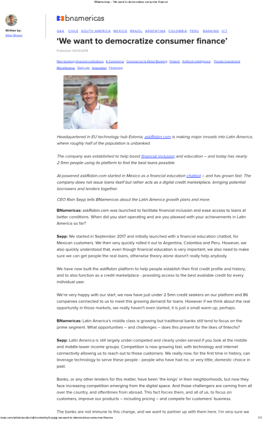 🆕 "We want to #democratize consumer finance"
<a href="/rainsepp/">Rain Sepp</a> 
👉🏻Thanks <a href="/bnamericas/">BNamericas</a> <a href="/AllanBrownPress/">Allan Brown</a> for enabling us to🗣 about <a href="/Robin_Academia/">AskRobin</a> agenda on #FinancialInclusion in #LATAM 🚀

#FintechUnitesPeople #financialliteracy

Full article🗞⏩linkedin.com/feed/update/ur…