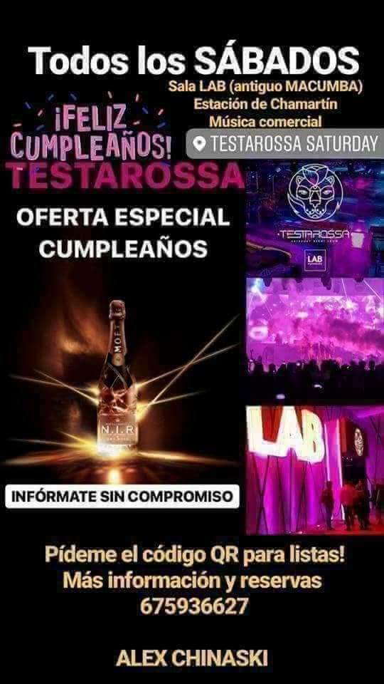 Fiestas__Madrid's tweet photo. Cada Sábado te esperamos en #Macumba con #TESTAROSSA 675936627. Botellas a 150€. Oferta 2 botellas x 250€!! Pases gratis ó 2x15€. Infórmate. #ListasMacumba #listasTestarossa #SalaLAB #listas #botellas #fiesta #Madrid #ListasMacumbaSábado https://t.co/ZepDY65Z8D