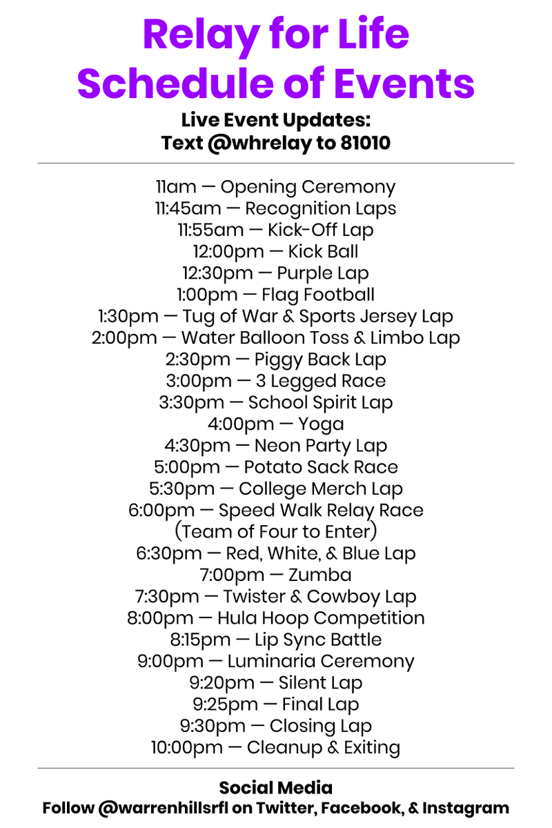 Our #RelayforLife 2019 Event Schedule is ready to go! Please see the attached photo with times for ceremonies, events, games, and laps! See you this Saturday 5/18 at 10am <a href="/WHRHighSchool/">Warren Hills HS</a>!