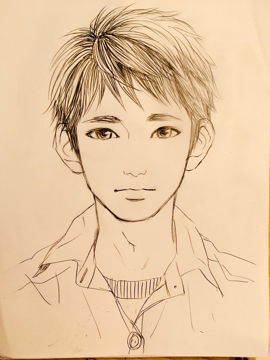 Shino 一日一絵 19日目 黒髪短髪男子高校生 正面から見えるくらい大きな耳が好き 1日1絵 一日一絵 黒髪短髪 男子 男子高校生 鉛筆イラスト