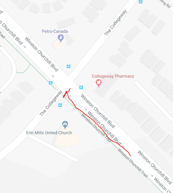 PeelPolice's tweet photo. #PRPMVC on scene for a pedestrian struck in the area of Winston Churchill Boulevard and The Collegeway, female transported to a trauma centre, driver remained on scene, road closures WCB south of The Collegeway, MCB will be attending the scene., call came in at 7:33a.m. https://t.co/j4R5PH6gSL