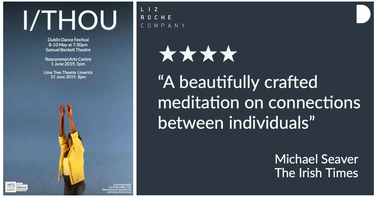 LizRocheCompany's tweet photo. ☆☆☆☆ "A beautifully crafted meditation on connections between individuals"
Delighted with this review for I/THOU by Michael Seaver @IrishTimesCultr
Next stop @RosArtsCentre on 1st June before we head to @LimeTreeTheatre on 21st June!
https://t.co/kiy5dai9Ip
#ITHOU #DDF2019 https://t.co/UvCl5yzuew