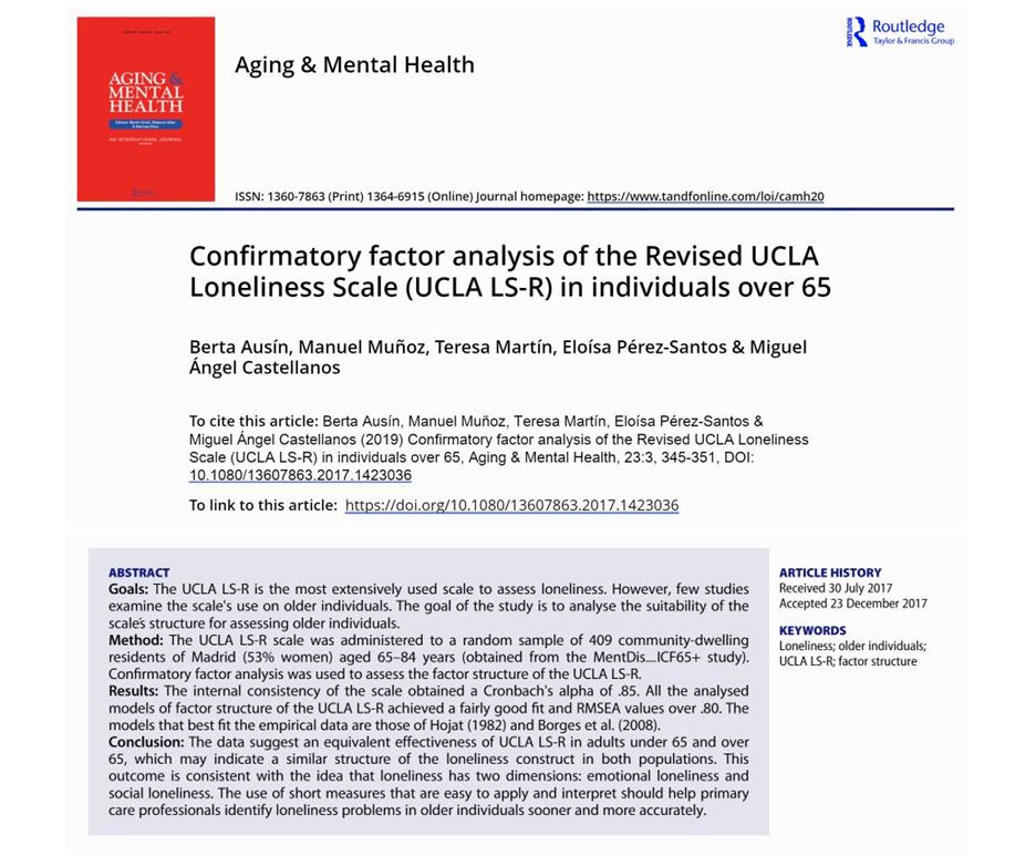 Esta semana difundimos el 📄 'Confirmatory factor analysis of the Revised UCLA Loneliness Scale (UCLA LS-R) in individuals over 65', publicado por 4 investigadores de @UCM_Psico. Analizan la idoneidad de la escala UCLA LS-R para evaluar la #soledad en personas #mayoresde65años.