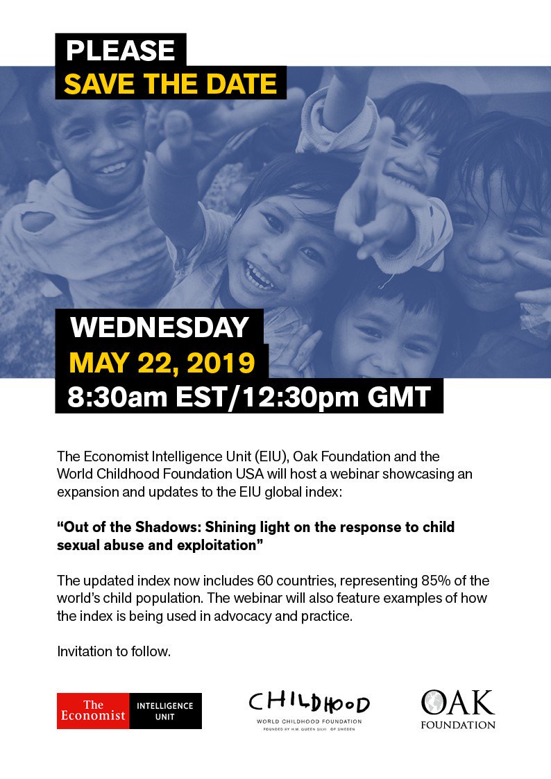 oakfnd's tweet photo. Webinar: Save the date, 22 May 2019! "Out of the Shadows: shining light on the response to child sexual abuse and exploitation." To register, please go to: https://t.co/xR1U9eyUos  @TheEIU 
@ChildhoodUSA https://t.co/ohly5ZphSi
