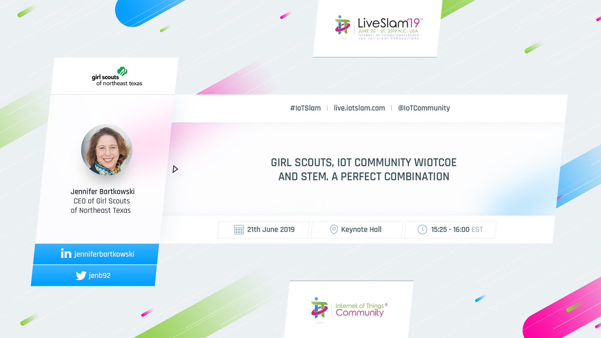 IoT Community® (@iotcommunity) on Twitter photo Girl Scouts, IoT Community’s WIoTCoE & STEM - A perfect Combination. We are thrilled to announce Jennifer Bartkowski (<a href="/jenb92/">Jennifer Bartkowski</a>), CEO, Girl Scouts of Northeast Texas (<a href="/gsnetx/">GSNETX</a>) to keynote #IoTSlam Live 2019, June 20-21 in <a href="/TheRTP/">Research Triangle Park</a>.
#IoTCommunity #WIoTCoE #STEM #WomeninIoT #IoT #AI Girl Scouts, IoT Community’s WIoTCoE & STEM - A perfect Combination. We are thrilled to announce Jennifer Bartkowski (<a href="/jenb92/">Jennifer Bartkowski</a>), CEO, Girl Scouts of Northeast Texas (<a href="/gsnetx/">GSNETX</a>) to keynote #IoTSlam Live 2019, June 20-21 in <a href="/TheRTP/">Research Triangle Park</a>.
#IoTCommunity #WIoTCoE #STEM #WomeninIoT #IoT #AI