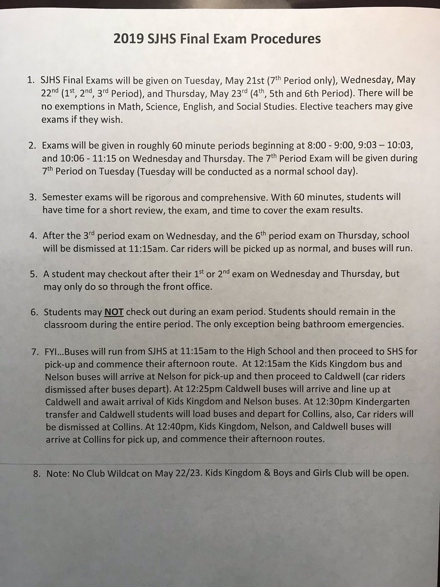 Sct_Jr_High's tweet photo. Please take a look at the Final Exam procedures below. School will be dismissed early on Wednesday, May 22nd, and Thursday, May 23rd. School will be dismissed both days at 11:15am. https://t.co/qV0rrX3vGt