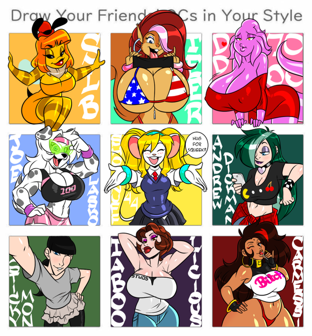 Decided to have a go at this. @SLBtweetty's Hunny, @TeeRsDirtyTweet's Marika, @DDemon7000's Diana, @joelaskoart's Dal, @ShoNUFF44's Squeek, @AWDtwit's Riley, @thestickymon's Tina, @taboo_comics's Vanessa and @Carme55i's Gala 