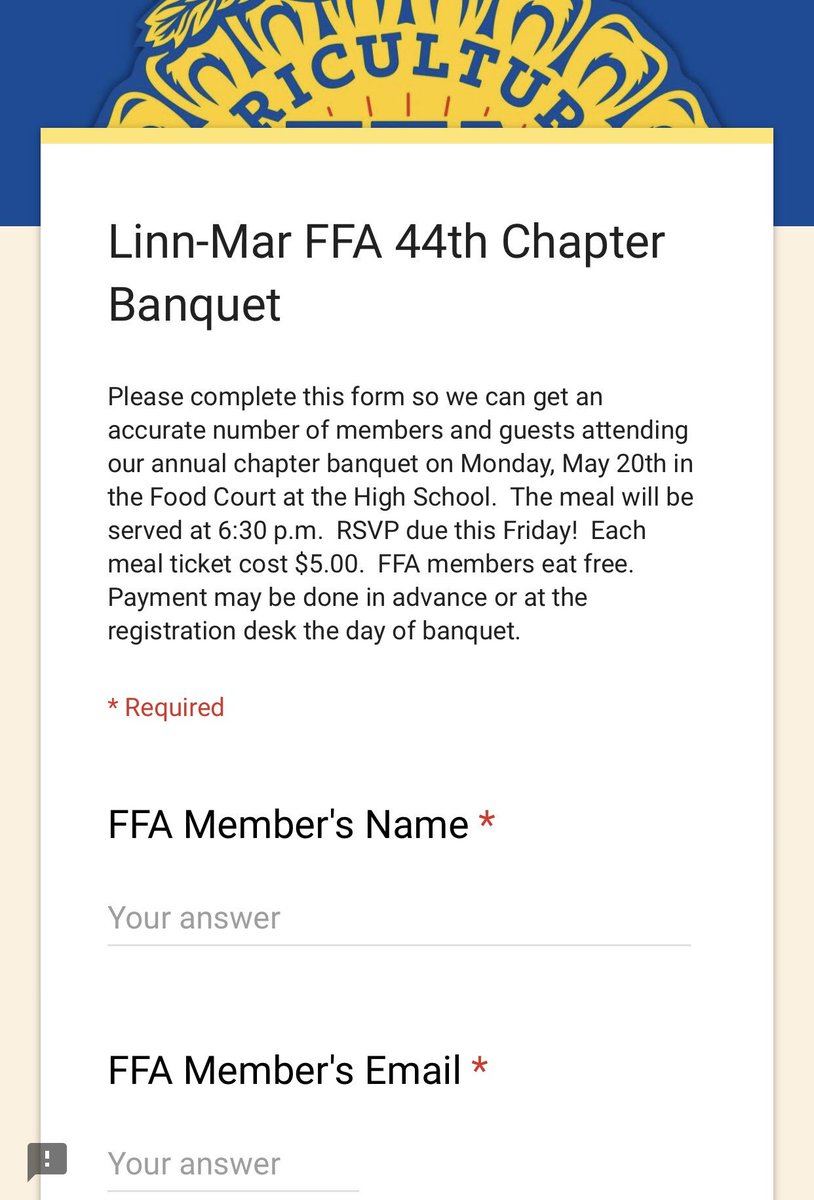 FFA MEMBERS! 
Please fill out the link in our bio to fill out the google form to plan your attendance at the Chapter Banquet next Monday, May 20th at 6:15 PM. Please fill out ASAP! Reservations are due THIS FRIDAY!