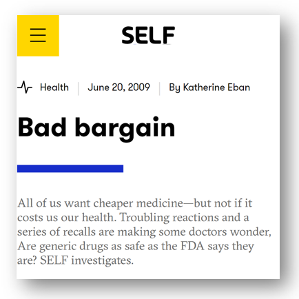 3) My first story in  @SELFmagazine described patient/MD struggles w/ generic Rx. Then-prez of  @APAPsychiatric told me: “The FDA is satisfied that generics are ok. My question is, `Are we satisfied?’”