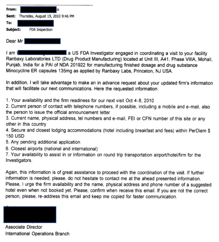 9) The  @US_FDA also had this document. But 5 years into investigating Ranbaxy, it still asked the company for permission to come and inspect its facilities overseas, w/ 2 months advanced notice and requested help arranging hotel and local travel. Just like this: